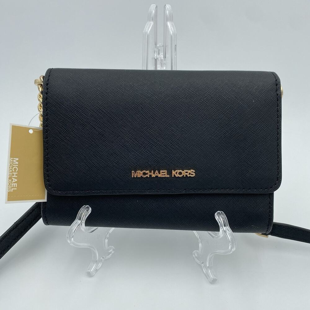 Michael Kors Jet Set Travel Crossbody Black Saffiano Leather Organizer Wallet